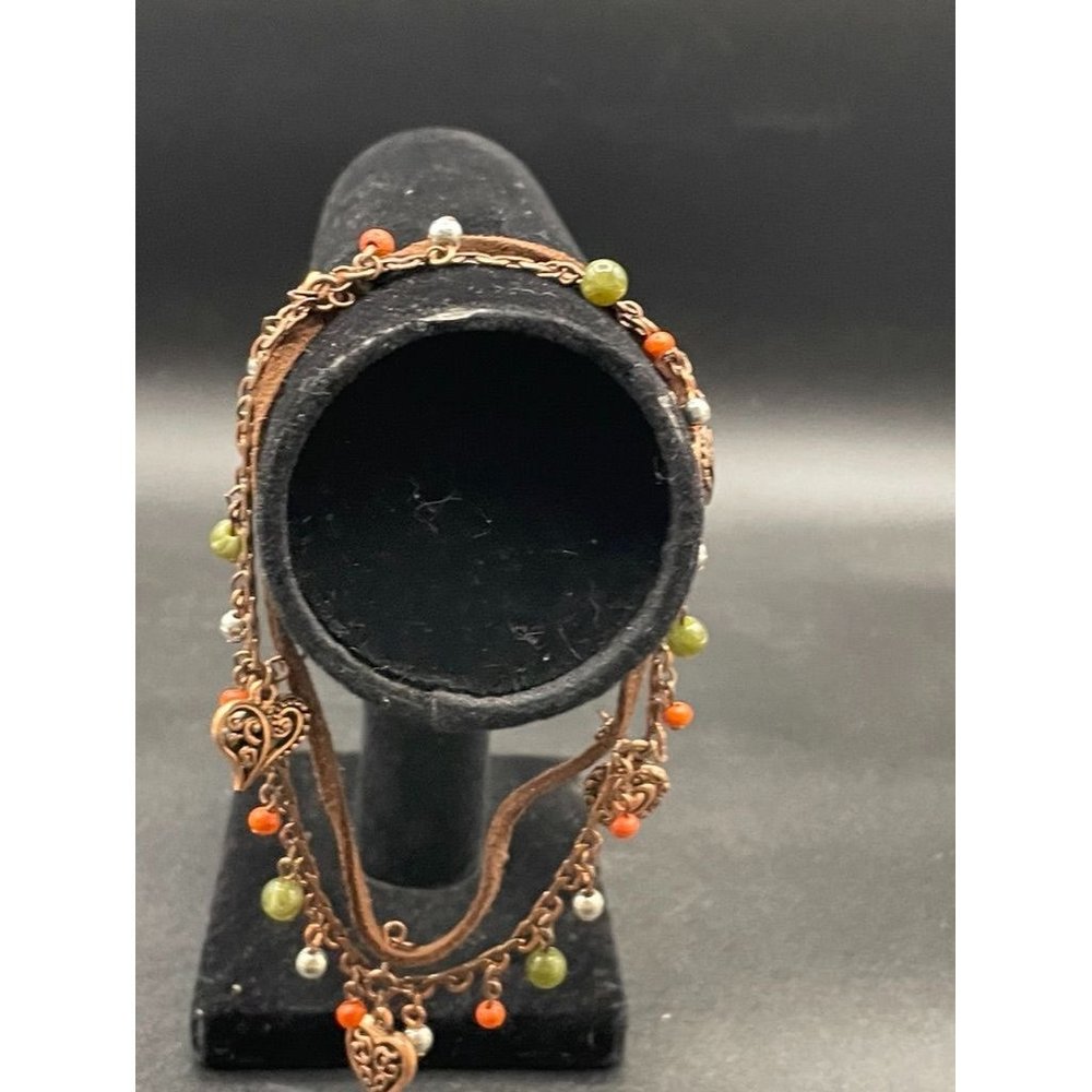 Coppertone Heart Green Orange Silver Beaded Leather Ankle Bracelet Circ 11.50"